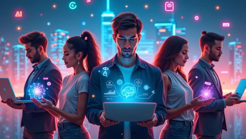 "The AI Revolution: Meet 2025’s Top Youth-Led Startups Shaping the Future" 1 Flux Dev A futuristic digital collage showcasing five diverse 1