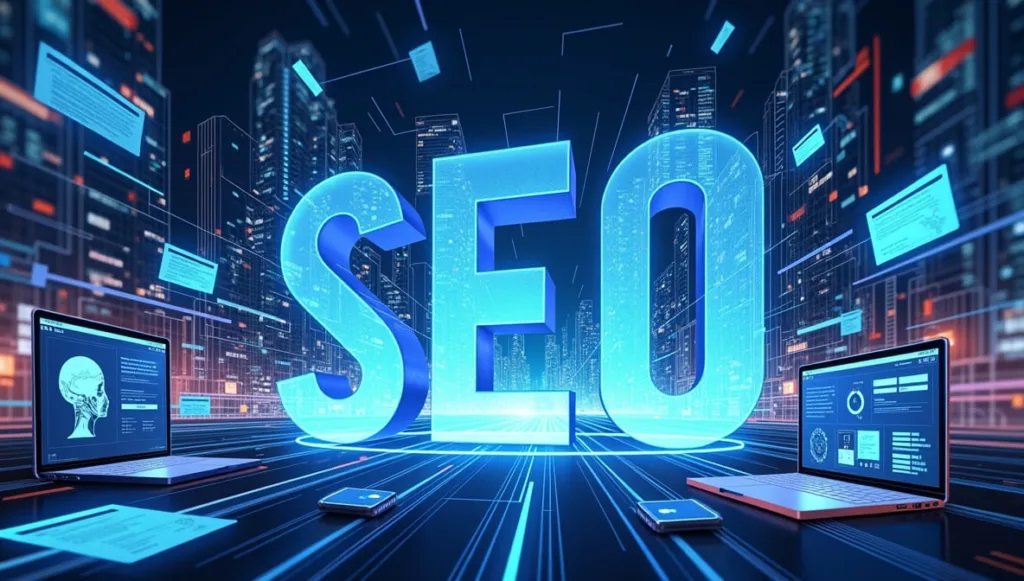 Flux Dev A futuristic digital illustration titled SEO in 2025 2 1 1024x581 jpg