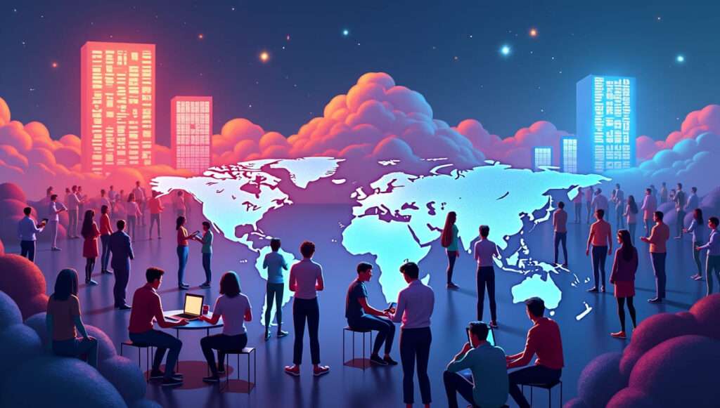 Open Source AI Revolution: Outsmarting Big Tech Together 1 Flux Dev A vibrant futuristic illustration showing opensource 3 1
