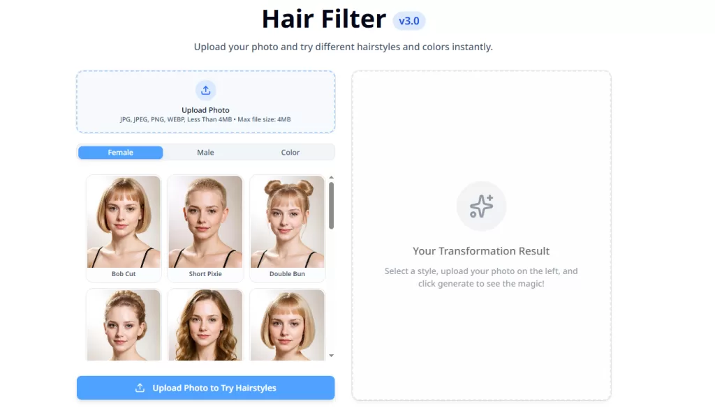 7 Best Free AI Hairstyle Changers to Try Online (2026) 9 ai hairstyle hairfilter 1024x598 png